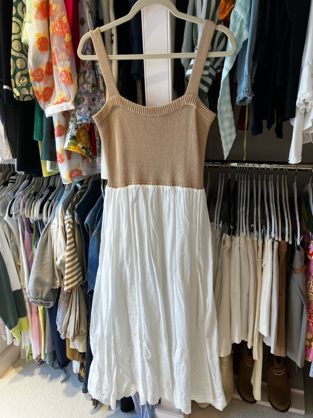 Lulus Sleeveless Tan and White Midi Dress